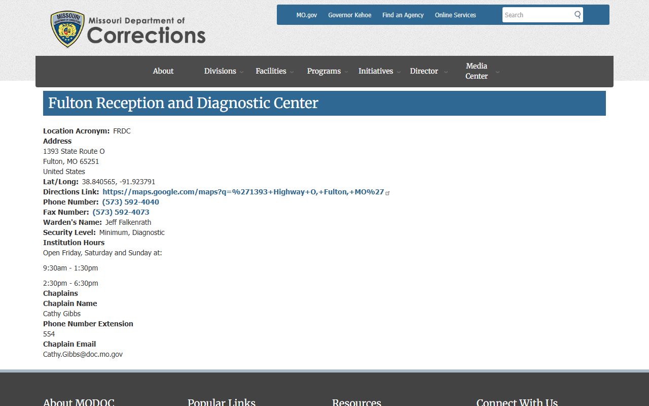 Missouri DOC Fulton Reception and Diagnostic Center facility information page